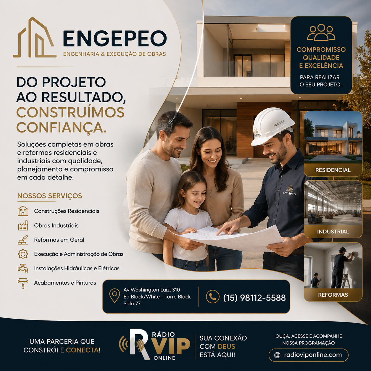 ENGEPEO — ENGENHARIA & EXECUÇÃO DE OBRAS  Construindo projetos. Transformando espaços.  A ENGEPEO – Engenharia & Execução de Obras atua na realização de projetos de construção e reforma, oferecendo soluções para obras residenciais e industriais.  Com experiência em diferentes etapas da construção civil, a empresa busca unir planejamento, execução, qualidade e compromisso em cada projeto.  Seja para construir um novo espaço, reformar um imóvel ou realizar adequações em ambientes residenciais e empresariais, a ENGEPEO trabalha para transformar necessidades em soluções eficientes.  🏗️ NOSSOS SERVIÇOS  • Construções residenciais • Construções industriais • Reformas em geral • Adequações e melhorias de ambientes • Execução e administração de obras • Serviços de engenharia • Instalações elétricas e hidráulicas • Terraplenagem • Serviços de pintura e acabamento  A ENGEPEO entende que cada obra possui necessidades específicas. Por isso, busca oferecer um atendimento próximo e soluções adequadas às características de cada projeto.  🤝 COMPROMISSO EM CADA ETAPA  Do planejamento à execução, cada detalhe importa.  Nosso objetivo é entregar obras com organização, responsabilidade, qualidade e atenção aos detalhes, contribuindo para que cada cliente tenha mais segurança durante o processo de construção ou reforma.  📍 Av. Washington Luiz, 310 — Ed. Black/White, Torre Black, Sala 77  📲 (15) 98112-5588  ENGEPEO — Engenharia & Execução de Obras  Construindo com responsabilidade. Executando com excelência.