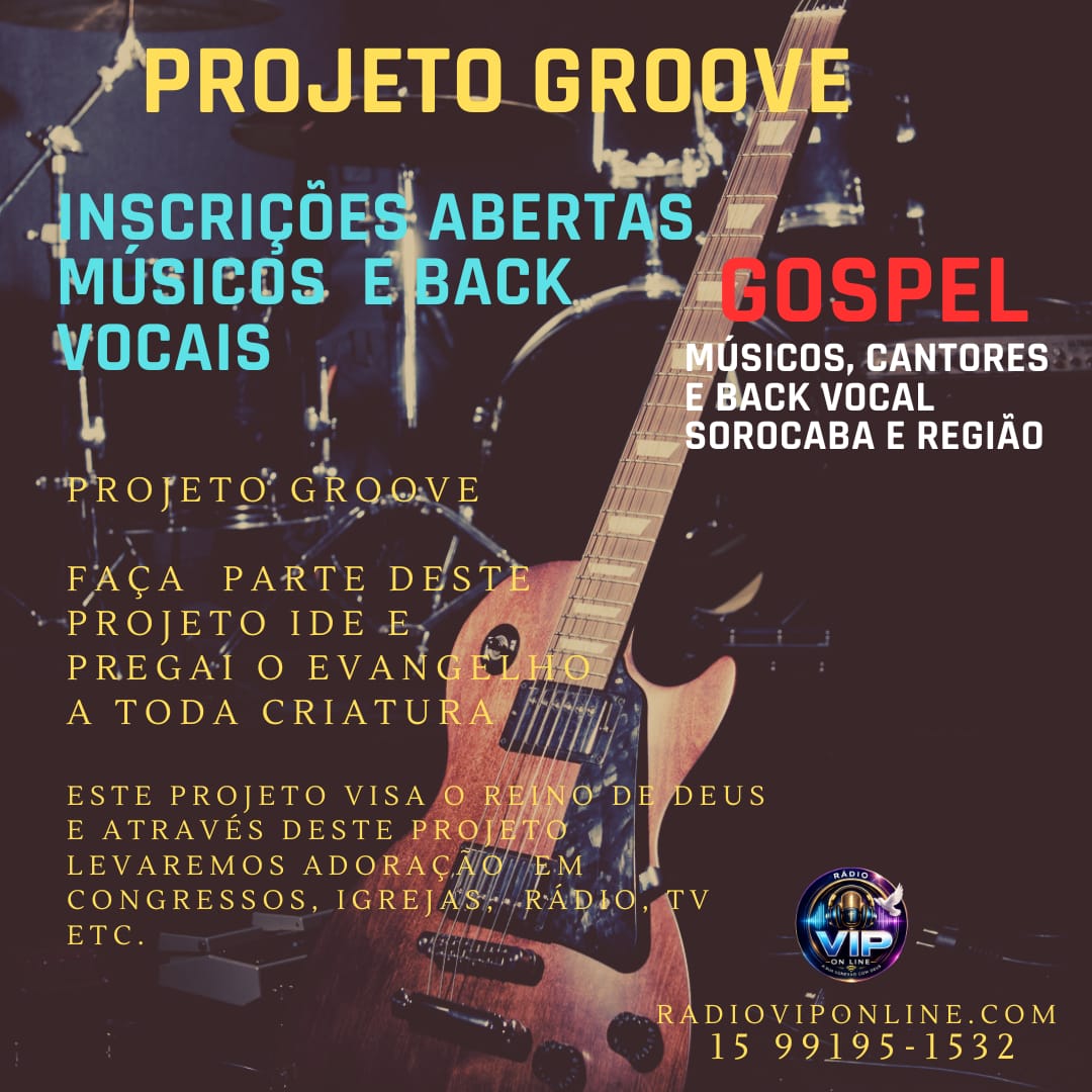 Projeto Groove abre inscrições para músicos e cantores cristãos de Sorocaba e região Por Redação | Rádio VIP Online A música é uma das mais poderosas formas de anunciar o Evangelho e alcançar vidas. Com esse propósito, nasce o Projeto Groove, uma iniciativa cristã que busca reunir talentos para formar um grupo de excelência voltado à adoração, evangelização e comunhão. Estão abertas as inscrições para músicos, cantores e backing vocals cristãos de Sorocaba e região que desejam fazer parte deste novo projeto. A proposta é formar uma equipe comprometida com a missão de levar a Palavra de Deus através da música, com qualidade, dedicação e propósito. O Projeto Groove contará com o apoio dos veículos de comunicação parceiros, proporcionando visibilidade aos participantes por meio da Rádio VIP Online, Aliança Business Revista, Conceito VIP na TV, Teologia e Vida, além de podcasts e futuras produções audiovisuais. Se você é músico, cantor ou backing vocal, mora em Sorocaba ou região e deseja colocar seu talento a serviço do Reino de Deus, essa é a oportunidade de fazer parte de um projeto que nasceu para impactar vidas. Inscrições e informações 📱 WhatsApp: (15) 99195-1532 📻 Instagram: @radioviponline 🌐 Site Oficial: https://radioviponline.com 📺 Divulgação nos veículos parceiros: Rádio VIP Online Aliança Business Revista Conceito VIP na TV Teologia e Vida Projeto Groove Unindo talentos, adorando a Deus e levando esperança através da música. Rádio VIP Online A sua conexão com Deus.